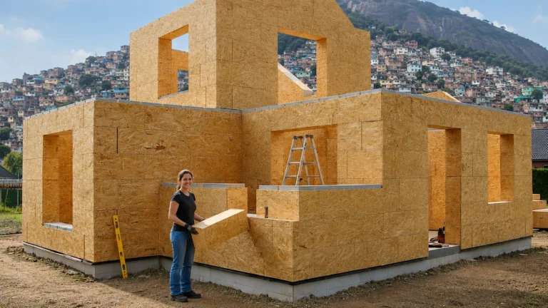 Uma mulher de camiseta preta e calça jeans encaixando um bloco isolante modular de madeira em uma casa de dois andares em construção no sistema Gablok.