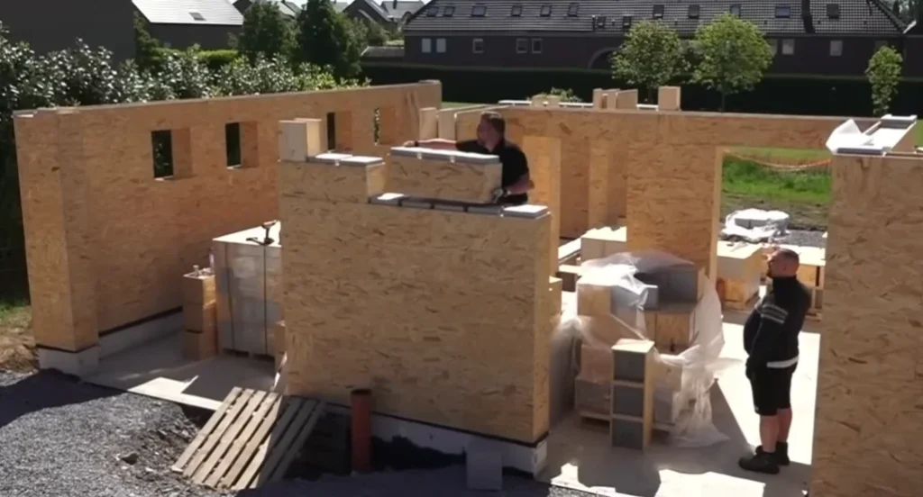 Vista panorâmica superior de um canteiro de obras residencial limpo, mostrando operários montando paredes com blocos de madeira modulares empilháveis sem argamassa.