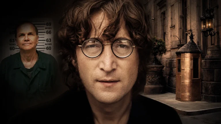 Foto de John Lennon com óculos redondos em primeiro plano e imagem sombria de Mark Chapman ao fundo no Edifício Dakota. Uma representação visual do mistério sobre o assassinato de Lennon para o portal Inacreditável Mundo Curioso.