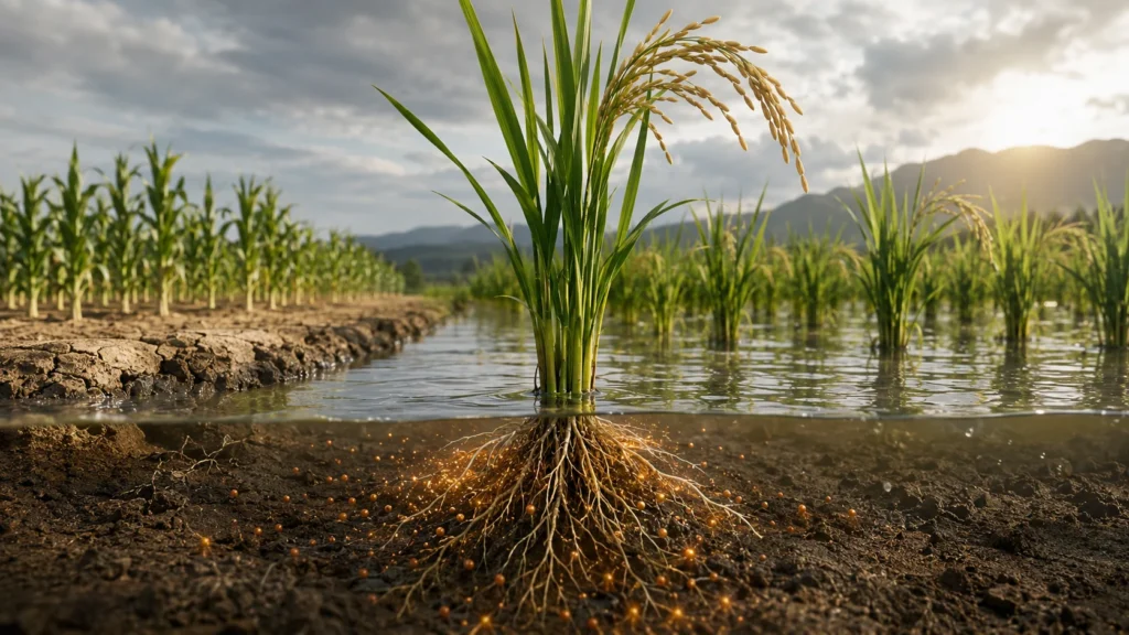 Ilustração em corte lateral de uma planta de arroz crescendo em um campo totalmente inundado de água, destacando suas raízes submersas no solo absorvendo substâncias químicas em um dia ensolarado.
