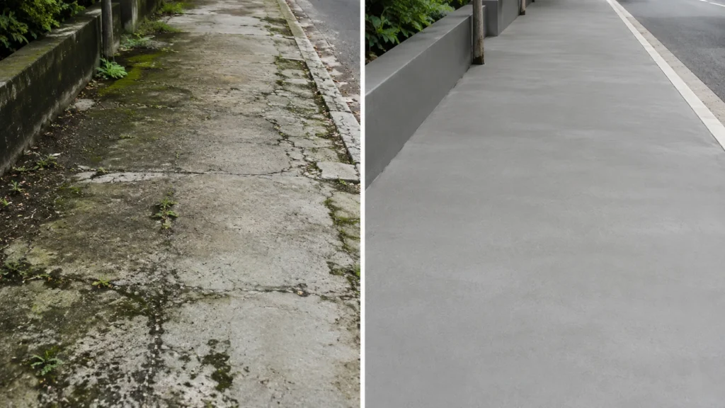Imagem comparativa de antes e depois de uma calçada externa. À esquerda, o "antes" mostra o piso de cimento antigo, rachado, encardido e severamente coberto por lodo verde e sujeira. À direita, o "depois" exibe a mesma calçada completamente limpa e renovada com uma pintura uniforme de tinta para piso na cor cinza.