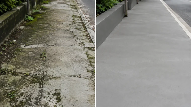 Imagem comparativa de antes e depois de uma calçada externa. À esquerda, o "antes" mostra o piso de cimento antigo, rachado, encardido e severamente coberto por lodo verde e sujeira. À direita, o "depois" exibe a mesma calçada completamente limpa e renovada com uma pintura uniforme de tinta para piso na cor cinza.