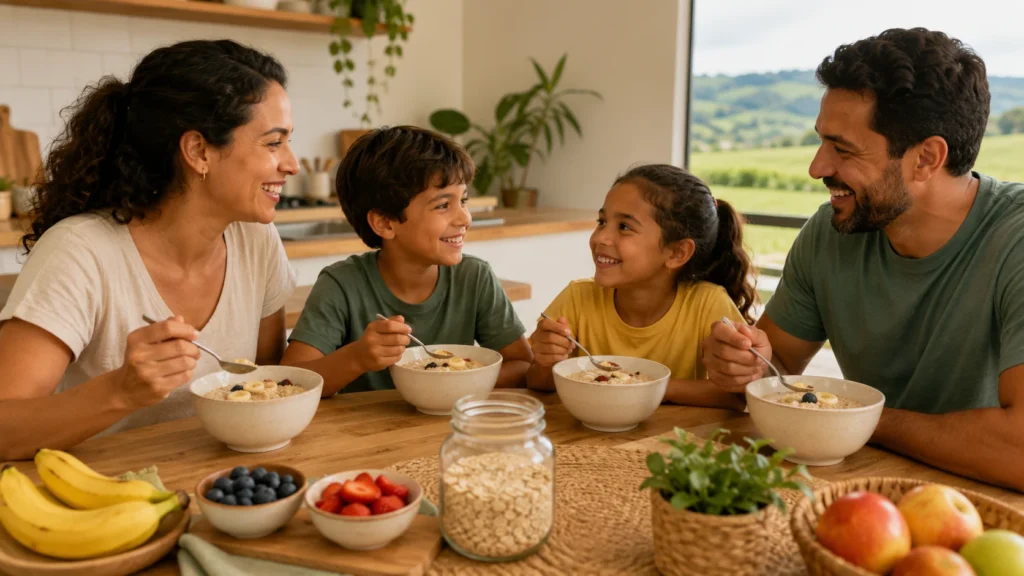 Família sorridente reunida à mesa de café da manhã em uma cozinha iluminada, com um casal e dois filhos comendo tigelas de mingau de aveia com frutas, ao lado de um pote de vidro cheio de aveia em flocos.