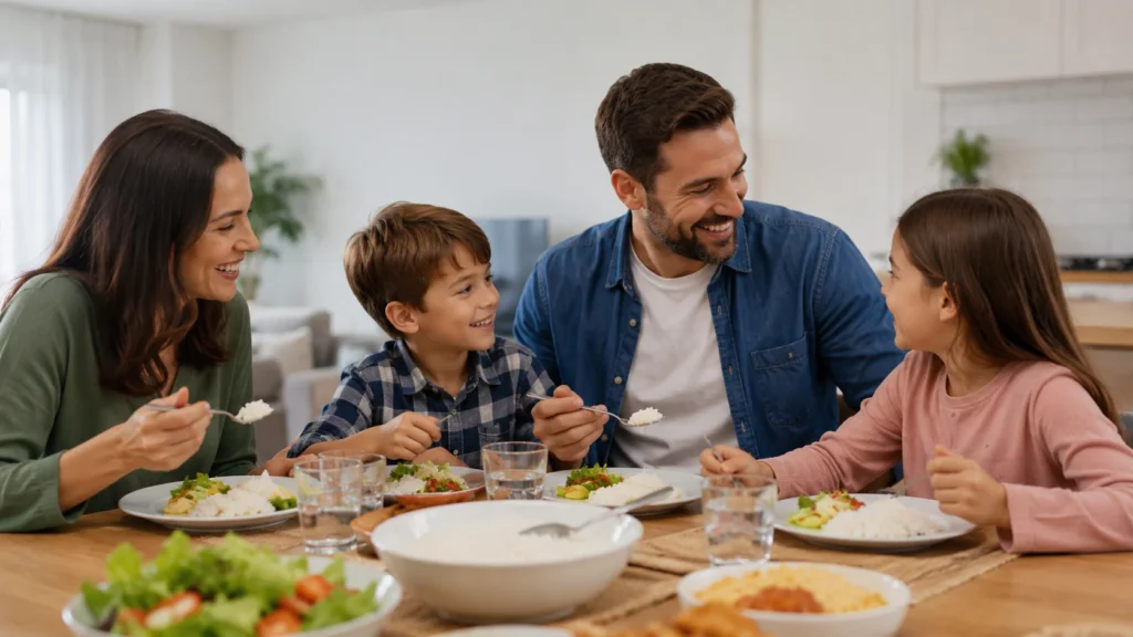 Uma família feliz reunida ao redor da mesa de jantar em uma cozinha iluminada, com pais e dois filhos sorrindo e se servindo de pratos com arroz durante uma refeição equilibrada.