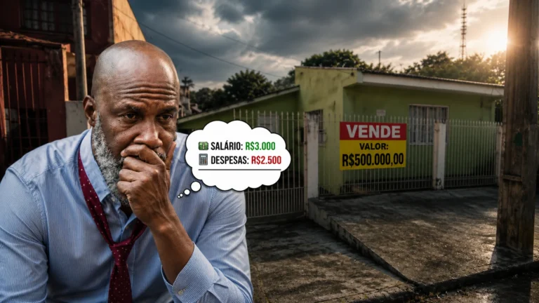 À esquerda, um homem negro de expressão preocupada, vestindo camisa social e gravata frouxa, apoia a mão no queixo com um balão de pensamento contendo gráficos de seta para cima e o símbolo do cifrão. À direita, em segundo plano, uma casa antiga de muros verdes com uma placa amarela de "Vende-se" em destaque, sob um céu nublado.