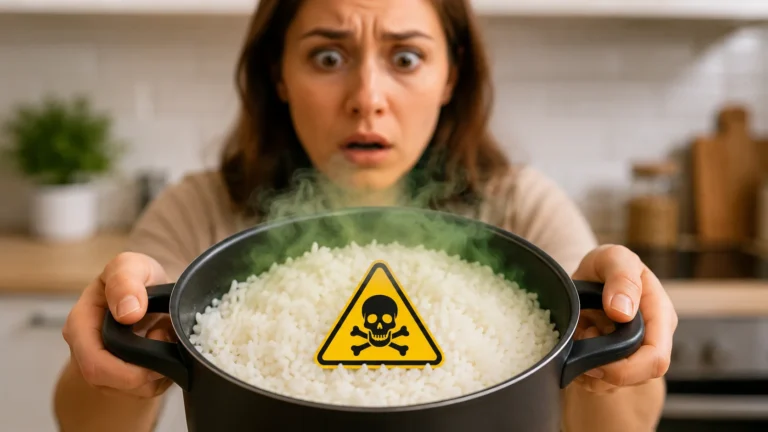 Mulher com expressão chocada e assustada segurando uma panela cheia de arroz branco soltando fumaça verde, com um símbolo amarelo de alerta de veneno e caveira sobreposto ao alimento.