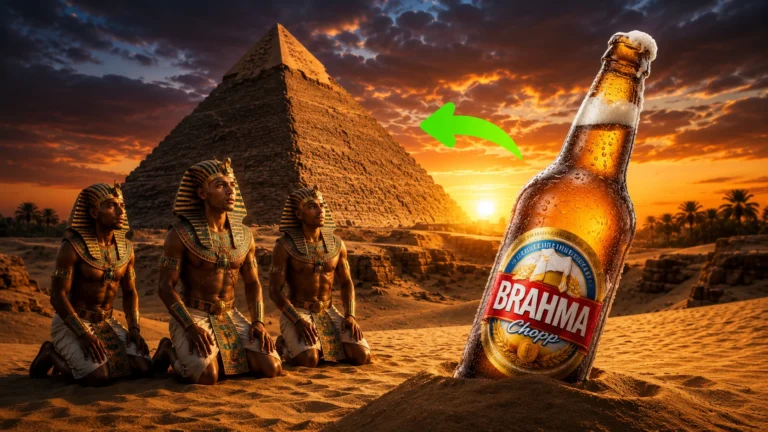 Três egípcios com vestes faraônicas ajoelhados na areia do deserto, olhando surpresos para uma garrafa gigante de cerveja Brahma Chopp gelada que está fincada na areia. Ao fundo, uma grande pirâmide do Egito sob um céu de pôr do sol alaranjado, com uma seta verde apontando da cerveja para a pirâmide.