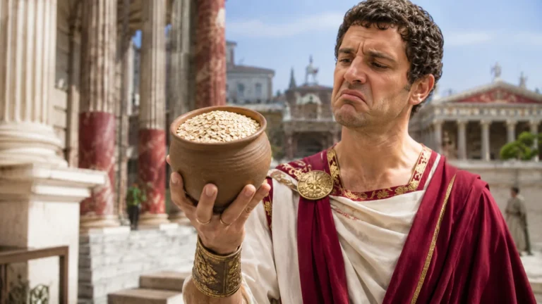 Nobre romano com túnica branca e manto vermelho, em um cenário de Roma Antiga, segurando um vaso de cerâmica e fazendo uma expressão facial de nojo e desdém.