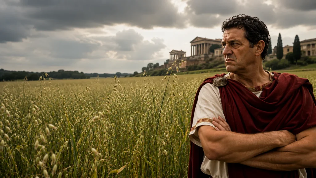 Homem com vestes do Império Romano, de túnica branca e manto vermelho, olhando com expressão séria para uma plantação de aveia sob céu nublado.