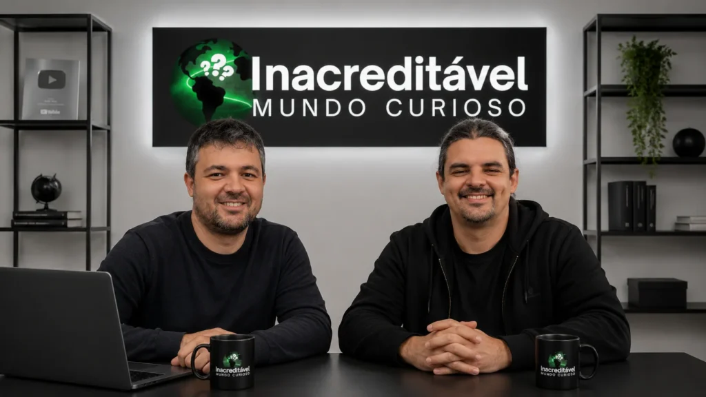 Os irmãos Gabriel Cordeiro e Alexandre Cordeiro, fundadores do portal Inacreditável Mundo Curioso, sorrindo sentados em uma bancada de estúdio com notebook e logotipo ao fundo.