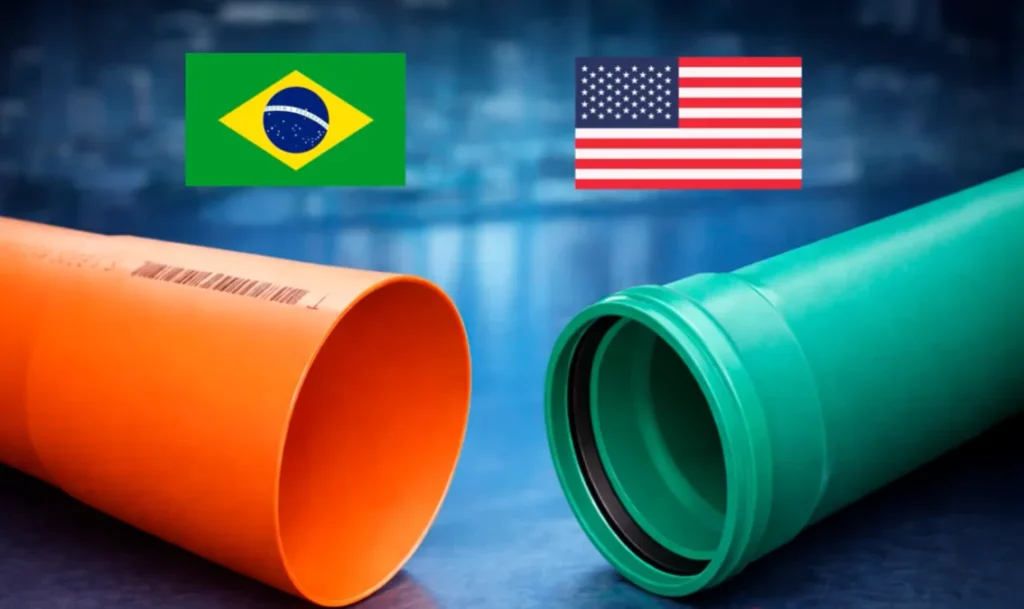 Comparação de duas tubulações de esgoto lado a lado: à esquerda, um cano laranja com a bandeira do Brasil representando uma espessura fina; à direita, um cano verde muito mais espesso e robusto com a bandeira dos Estados Unidos.