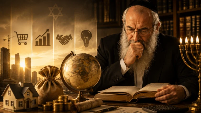 Ilustração conceitual de um homem idoso com barba lendo um livro antigo ao lado de um globo terrestre e uma menorá iluminada, com representações ao fundo de prédios, casas e ícones de comércio e finanças em tons dourados.