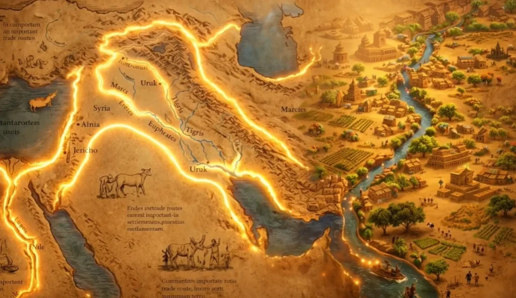 Mapa ilustrado em tons de dourado e marrom destacando a região do Crescente Fértil no Oriente Médio, mostrando uma linha brilhante que conecta o Egito, a Jordânia e o Iraque, delimitando a área histórica de origem da agricultura.