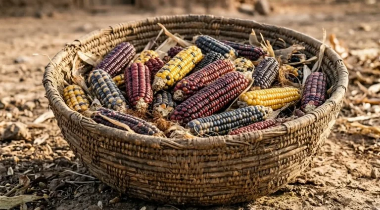 Cesta rústica de palha trançada contendo espigas de milho ancestral de diversas cores, incluindo tons de azul, roxo escuro, vermelho, laranja e amarelo.
