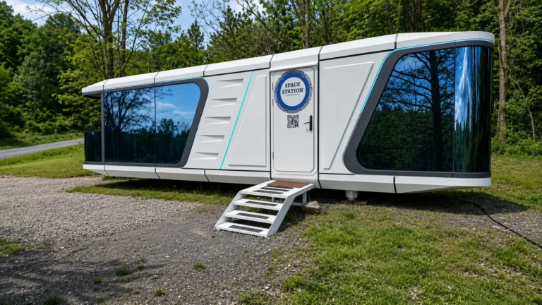 Fotografia externa de uma mini casa futurista em formato de cápsula espacial branca com detalhes em alumínio, grandes janelas de vidro espelhado e uma pequena escada de acesso, instalada sobre um terreno de gravilha cercado por árvores verdes em um dia ensolarado.